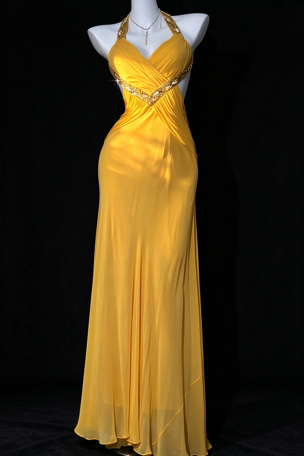 Yellow Halter V Neck Crisscross Back Chiffon Evening Dress fg9125