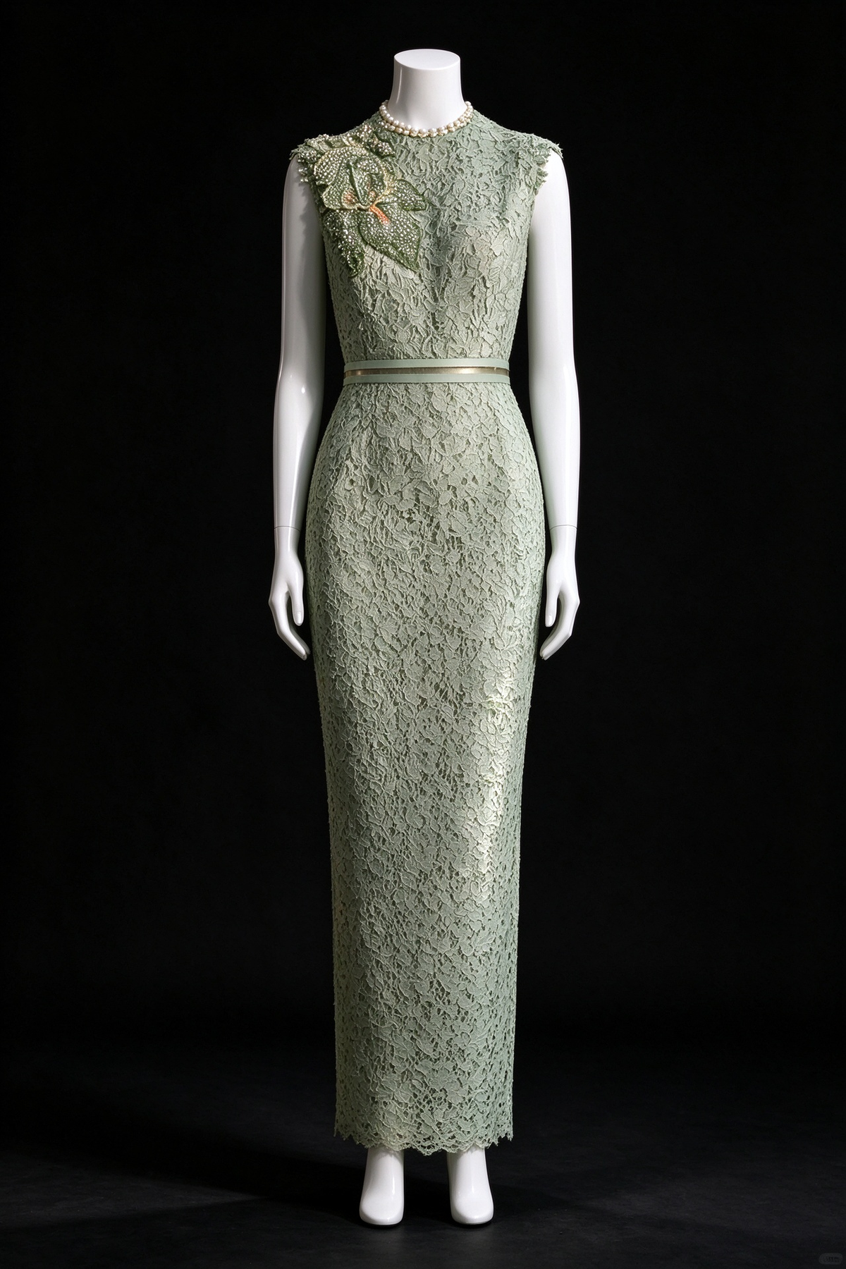 Sage Green High-Neck Cap Sleeve Lace Sheath Formal Evening Gown fg9060