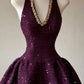 Dark Purple Sequin V Neck Halter Homecoming Dress Short Party Dress    fg7688