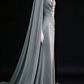Sage Green Satin Cape Sleeve Evening Gown, 3D Floral & Beaded Butterfly Appliques fg9040