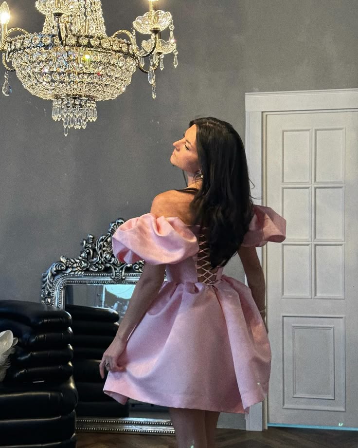 Robe de soirée courte rose coupe trapèze, robe de cocktail, robe de soirée courte fg7851