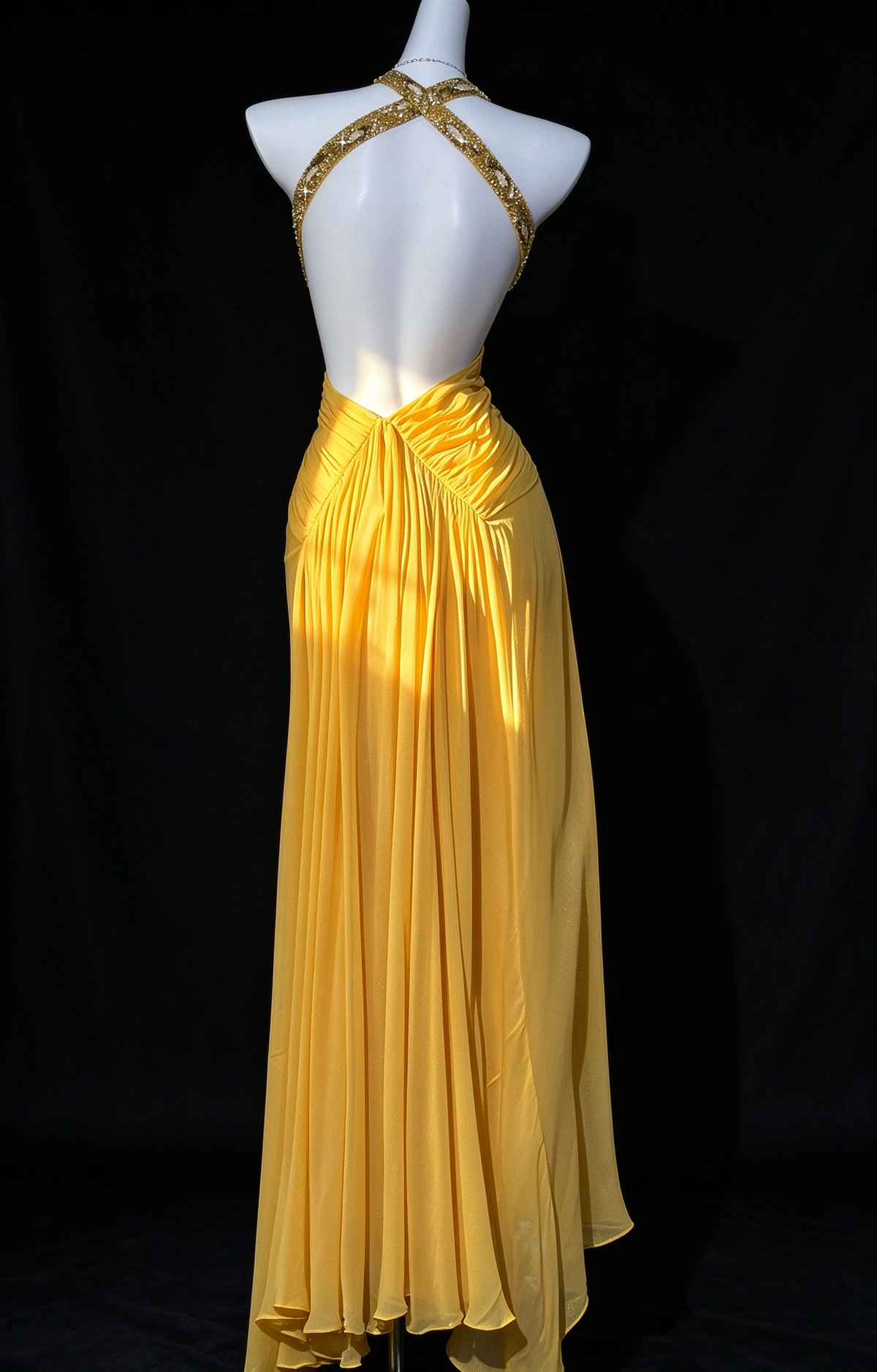 Yellow Halter V Neck Crisscross Back Chiffon Evening Dress fg9125