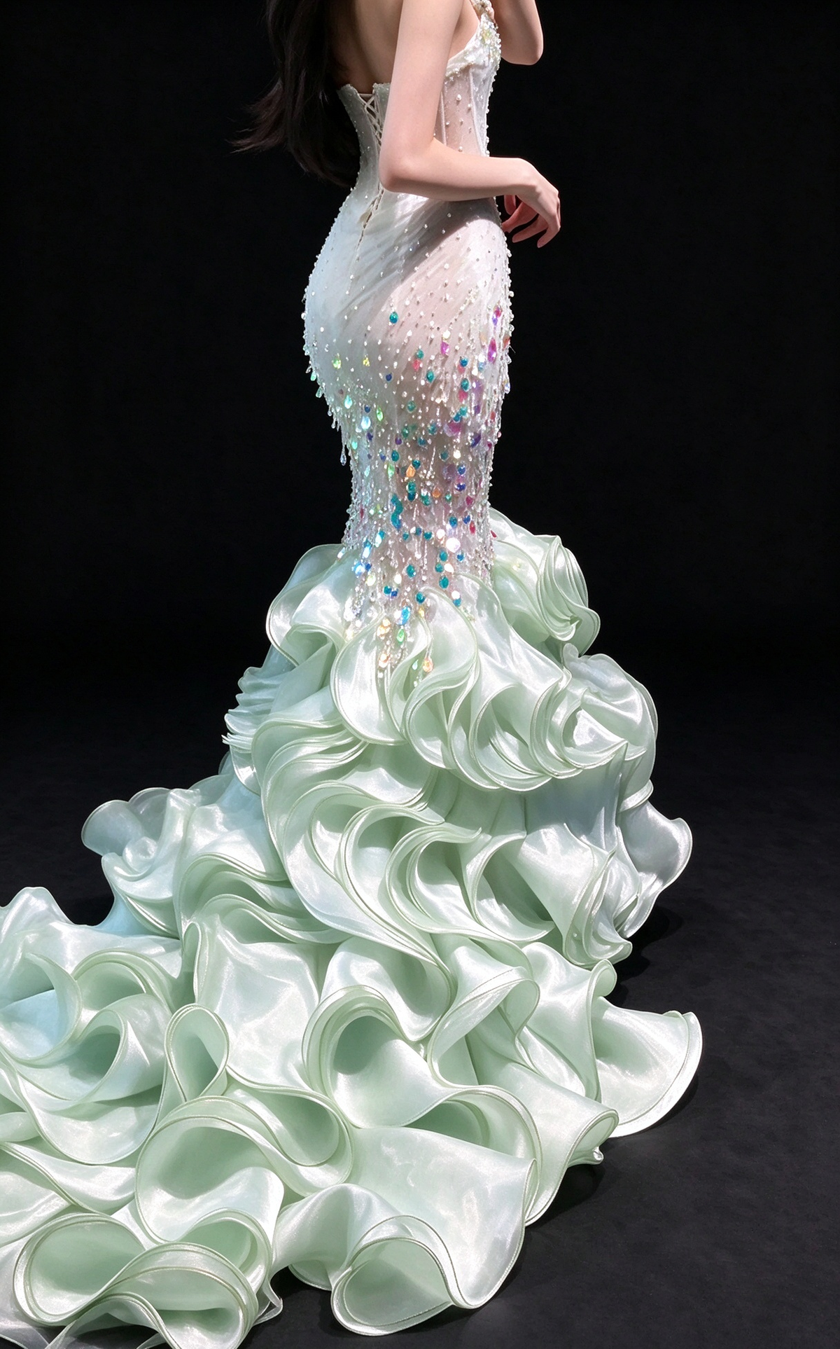 Mint Green Sweetheart Iridescent Sequin Ruffled Mermaid Evening Gown fg9054