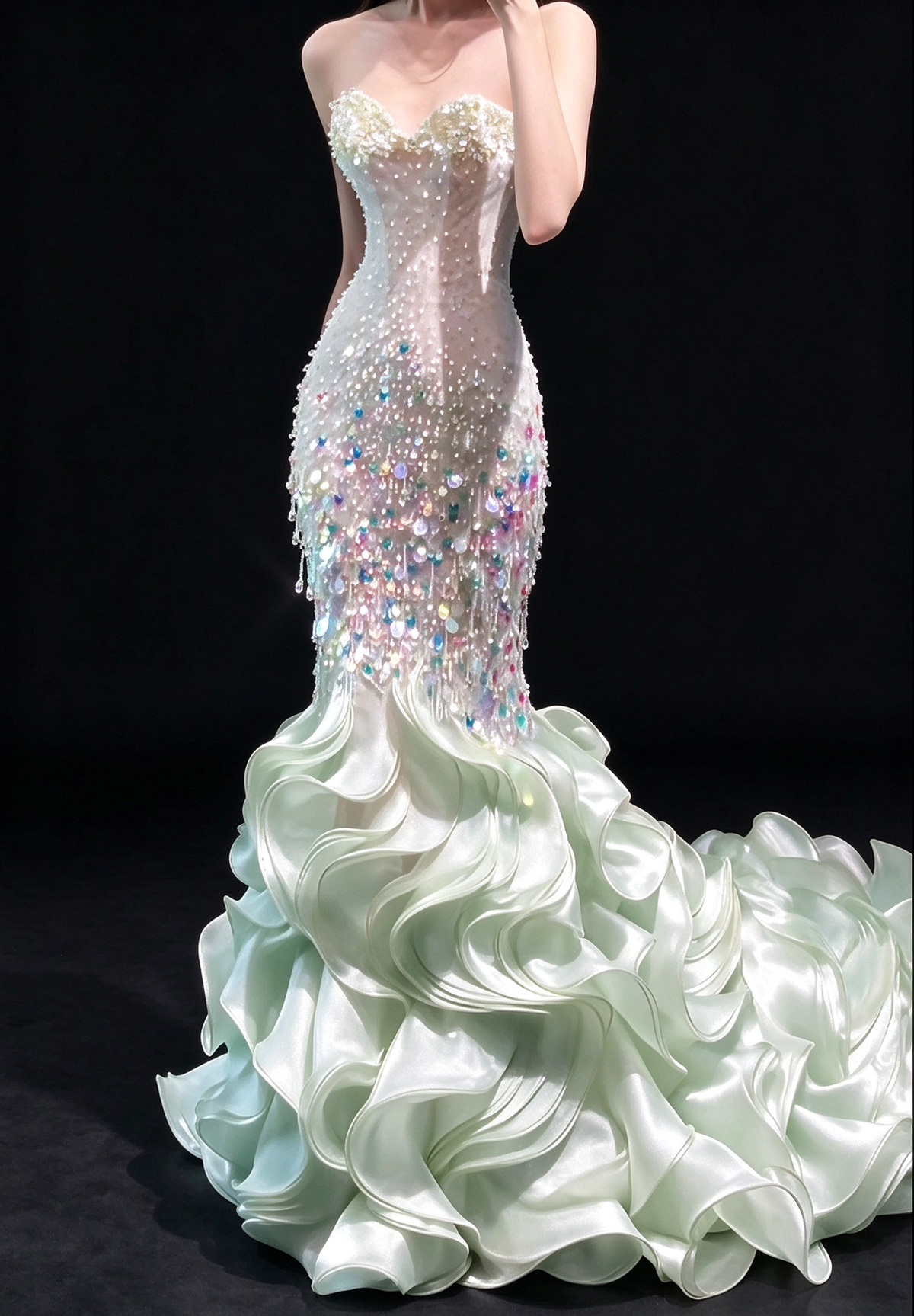 Mint Green Sweetheart Iridescent Sequin Ruffled Mermaid Evening Gown fg9054