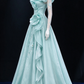 Mint Green Off Shoulder Long Sleeve 3D Floral Tulle Ball Evening Gown fg9062