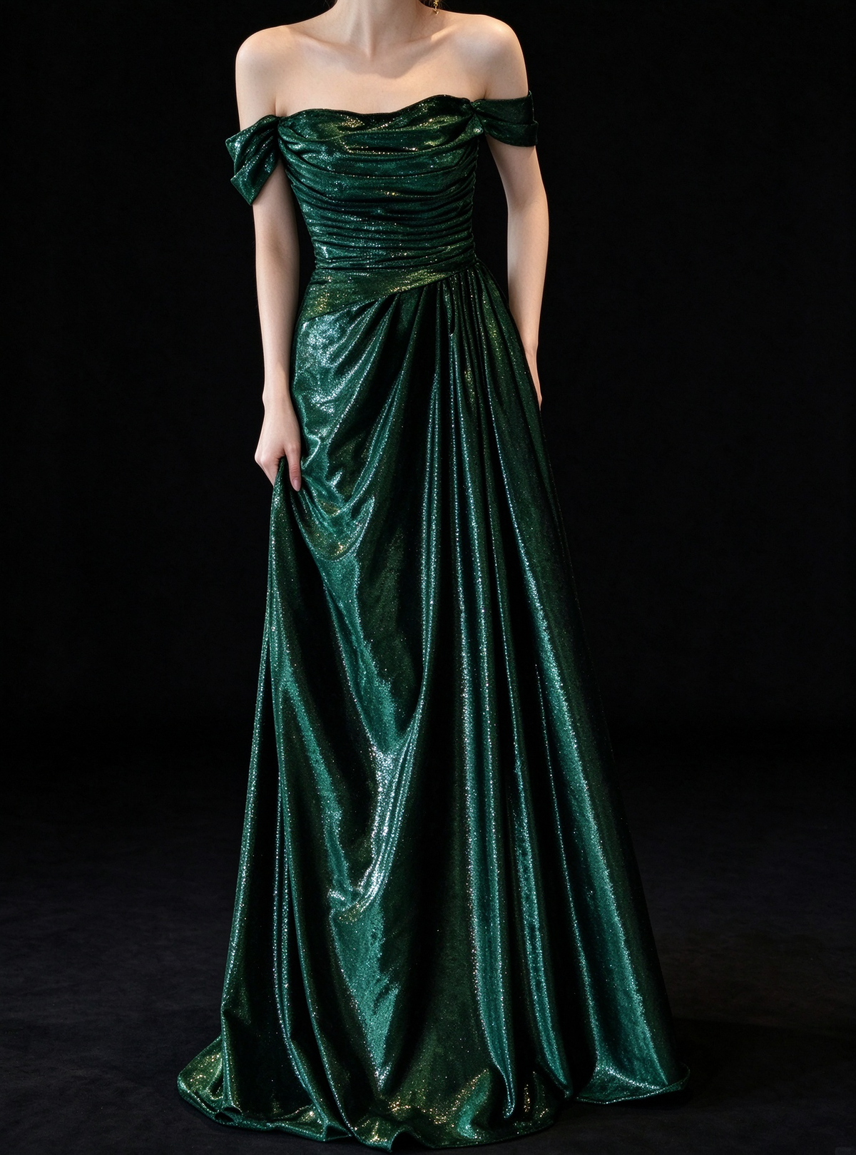 Green Off-the-Shoulder Glitter Velvet Formal Evening Gown fg9055