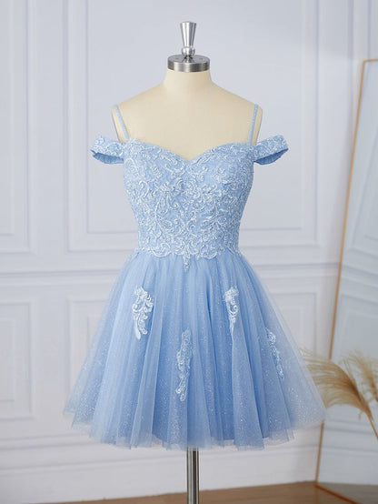A-Linie Tüll Off-the-Shoulder Applikationen Spitze Kurz/Mini Kleid fg5501