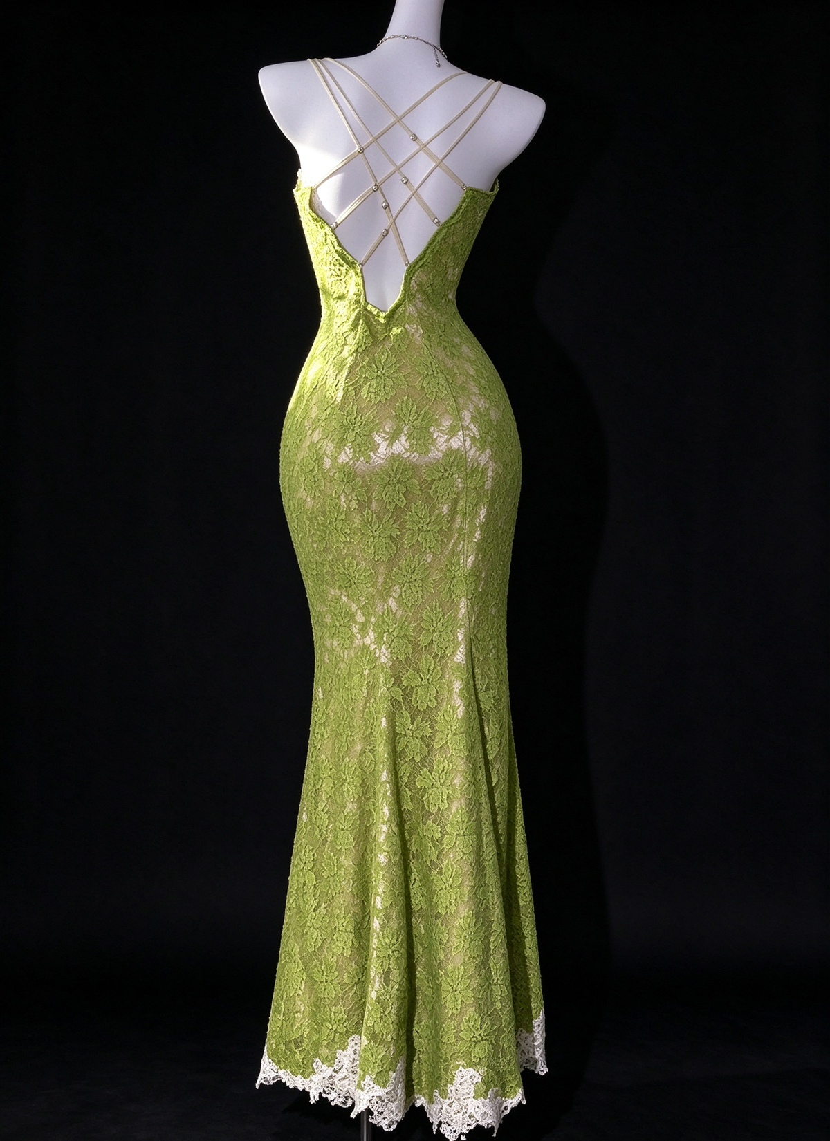 Sage Green Spaghetti Strap Lace Mermaid Evening Dress With Slit fg9127