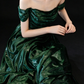 Green Off-the-Shoulder Glitter Velvet Formal Evening Gown fg9055