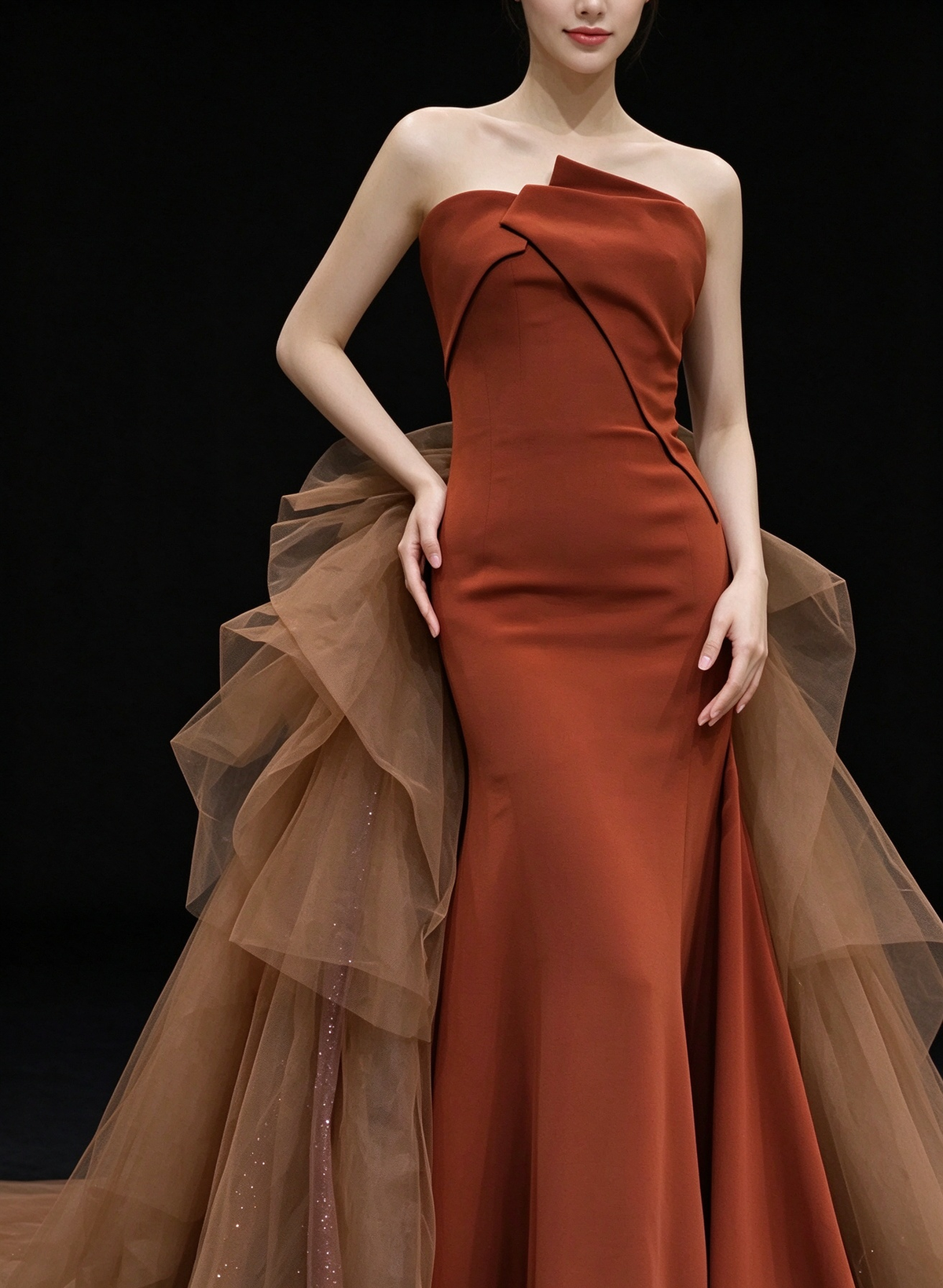Rust Strapless Mermaid Evening Gown With Tulle Bow Train fg9118