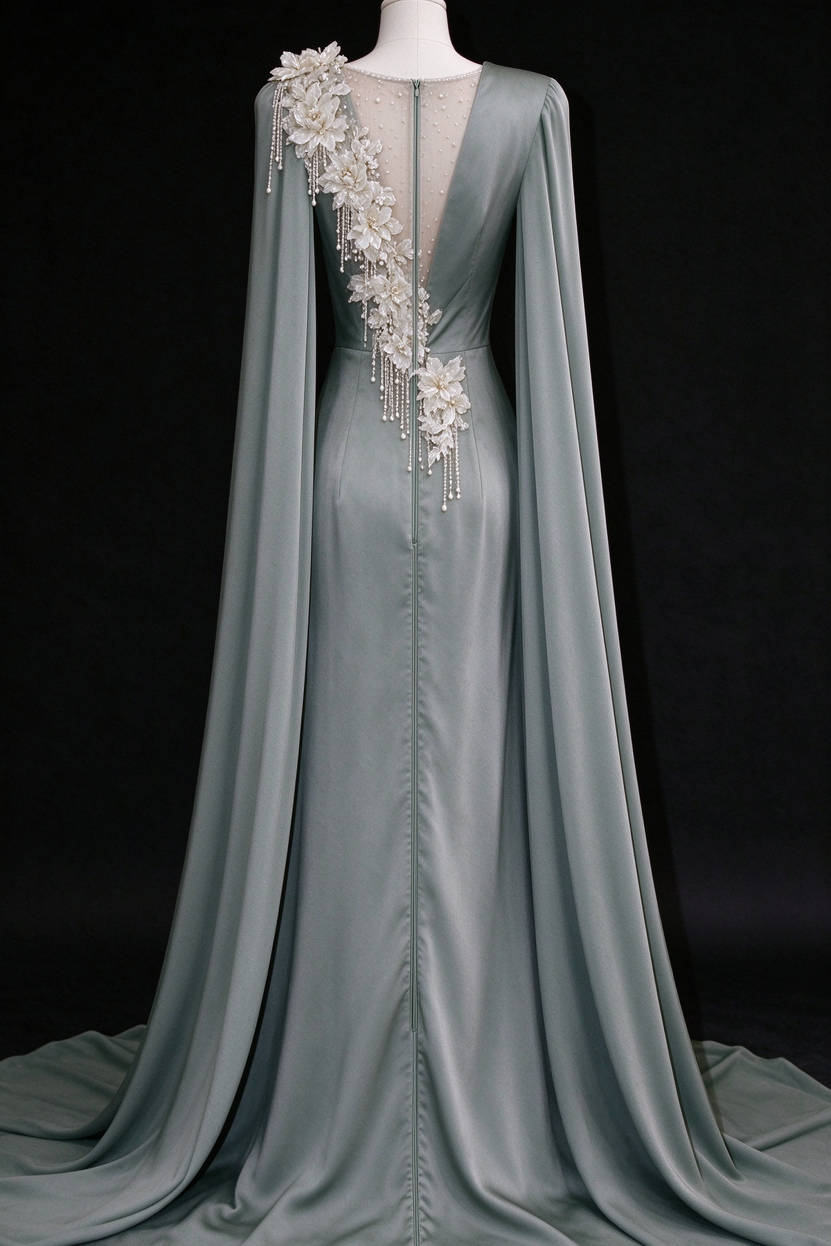 Sage Green Satin Cape Sleeve Evening Gown, 3D Floral & Beaded Butterfly Appliques fg9040