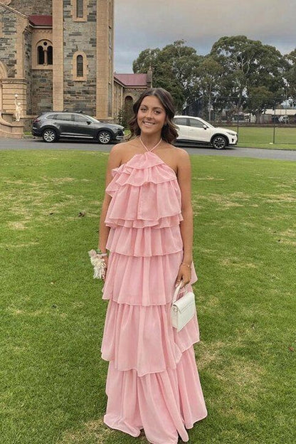 Halter Pink Layer Long Prom Dress Chiffon Birthday Dress fg6405