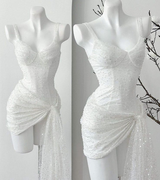 Robe de soirée courte blanche brillante pour femme, tenue de soirée formelle fg6440