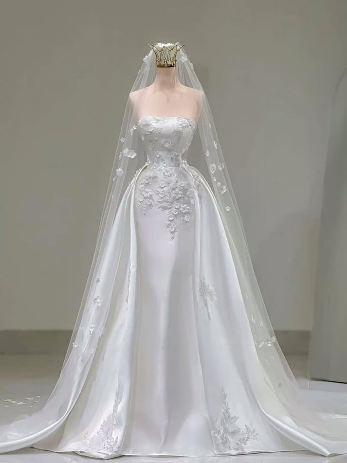 Fairytale Mermaid High Neckline White Long Satin Wedding Dresses With Cape C817 main image 1