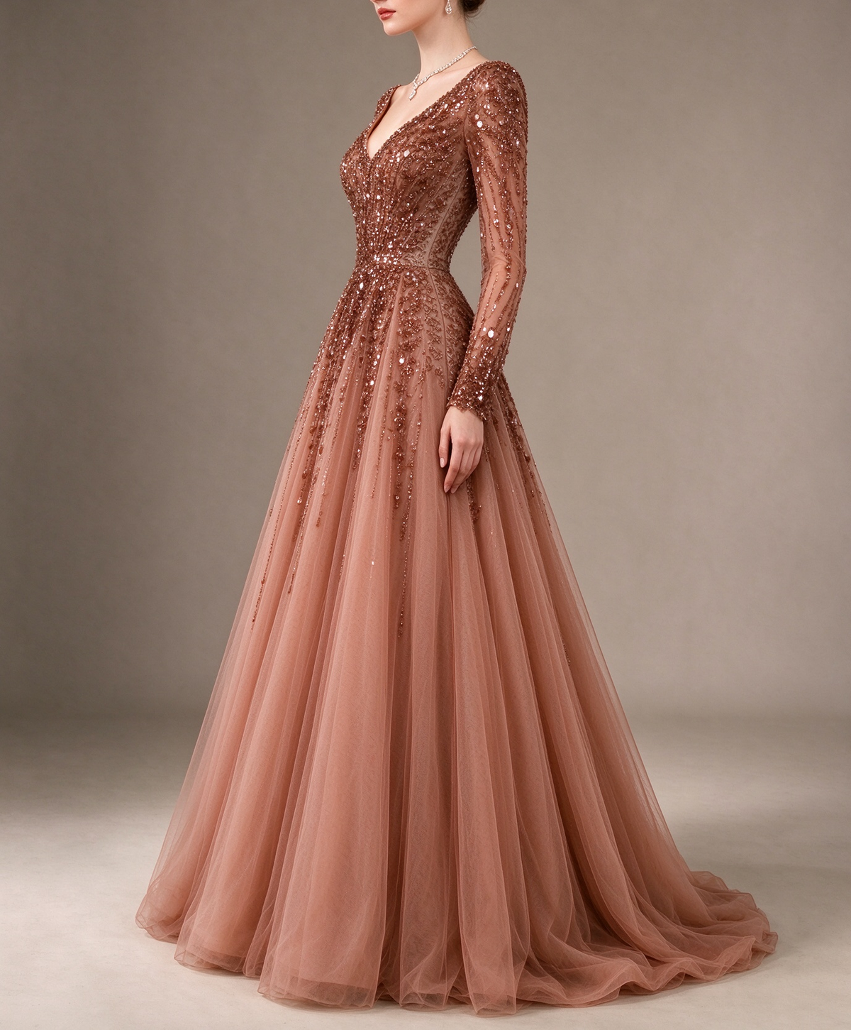 Dusty Rose V-Neck Long Sleeve A-Line Tulle Evening Gown With Heavy Beading & Low Back fg8991