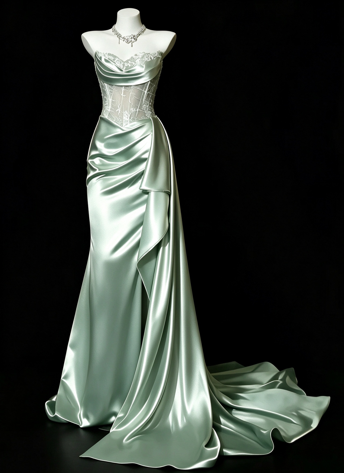 Mint Green Sweetheart Lace Corset Satin Mermaid Formal Evening Gown fg9056