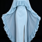 Light Blue Chiffon Cape Sleeve Beaded Neck Slit Long Evening Dress fg9013