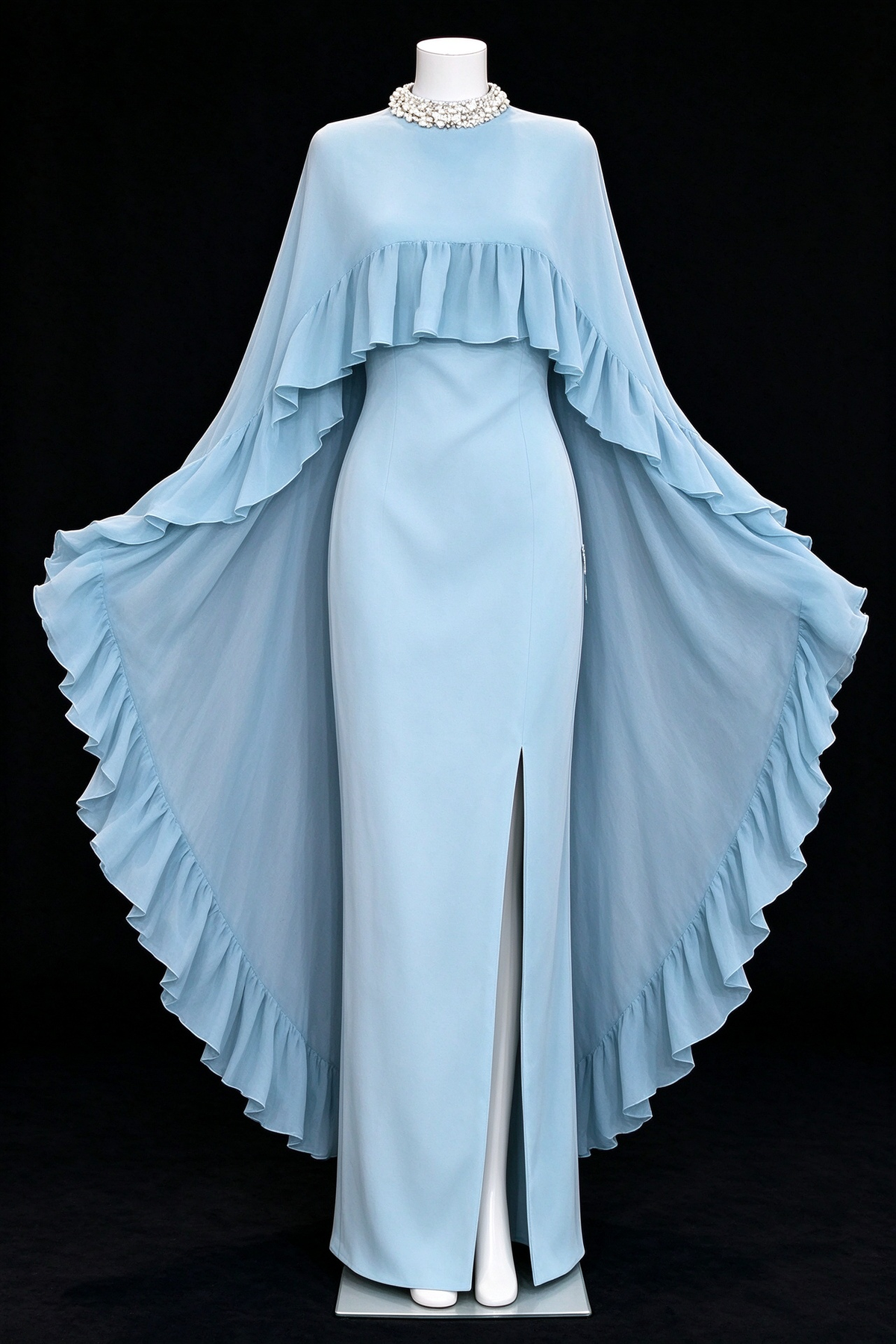 Light Blue Chiffon Cape Sleeve Beaded Neck Slit Long Evening Dress fg9013
