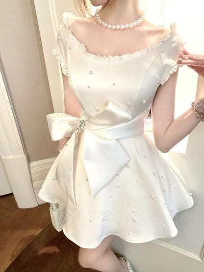 Robe de soirée courte blanche trapèze, robe de cocktail, robe de soirée courte fg7879
