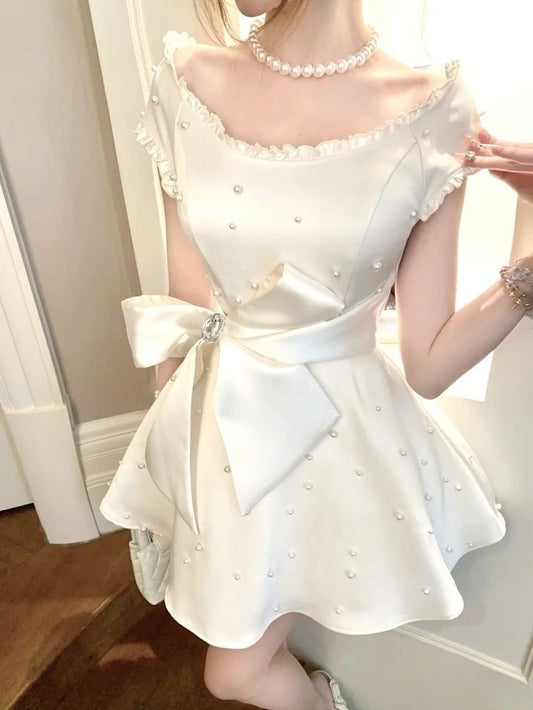Robe de soirée courte blanche trapèze, robe de cocktail, robe de soirée courte fg7879