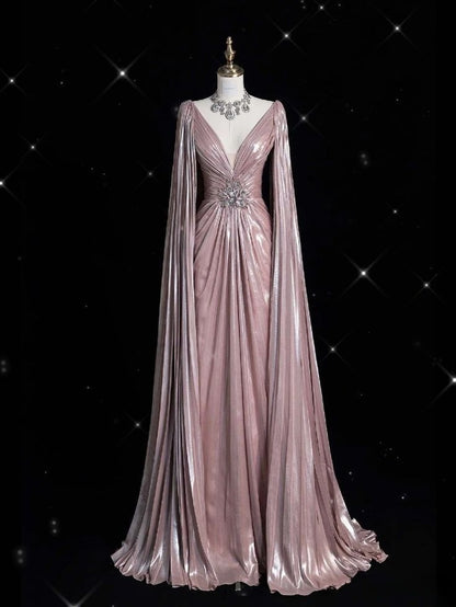 Luxury A-line Evening Prom Dress Long Sleeve V-neck Shiny Custom Made Party Gowns   fg7452