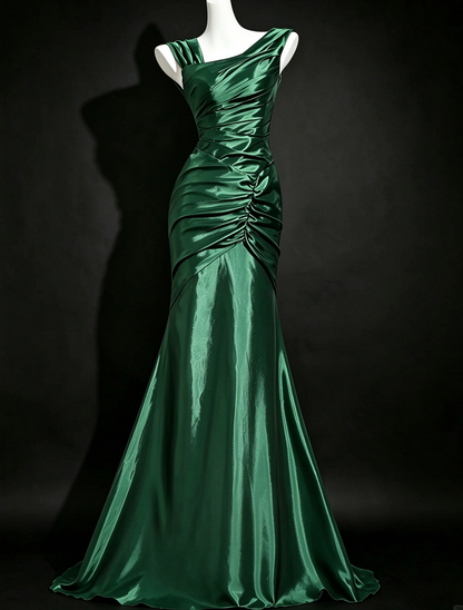 Green Asymmetric Ruched Satin Mermaid Formal Evening Gown fg9057