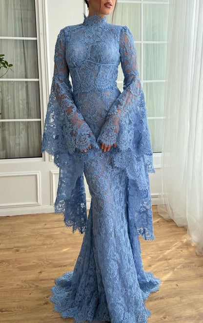 High Neck Mermaid Evening Dress for Women Flare Sleeves Blue Lace Long formalgowns High Neck Mermaid Evening Dress for Women Flare Sleeves Blue Lace Long formalgowns