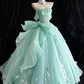 Mint Green Off-the-Shoulder Bow Lace Applique Tulle Ball Gown fg9058
