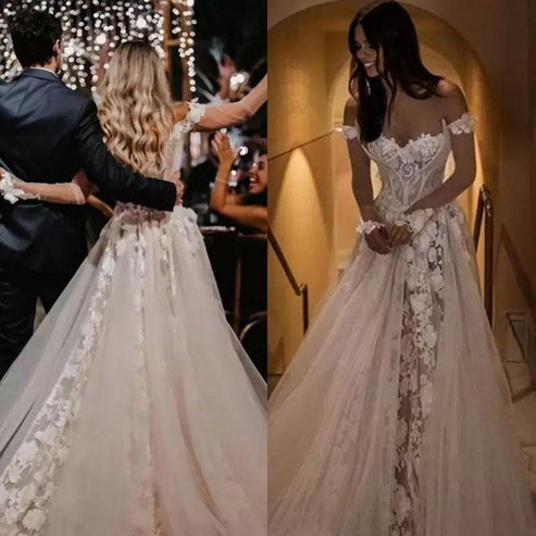 Sweetheart Off Shoulder Appliqued Lace Long Sleeves Tulle A-Line Wedding Dress with Weep Train