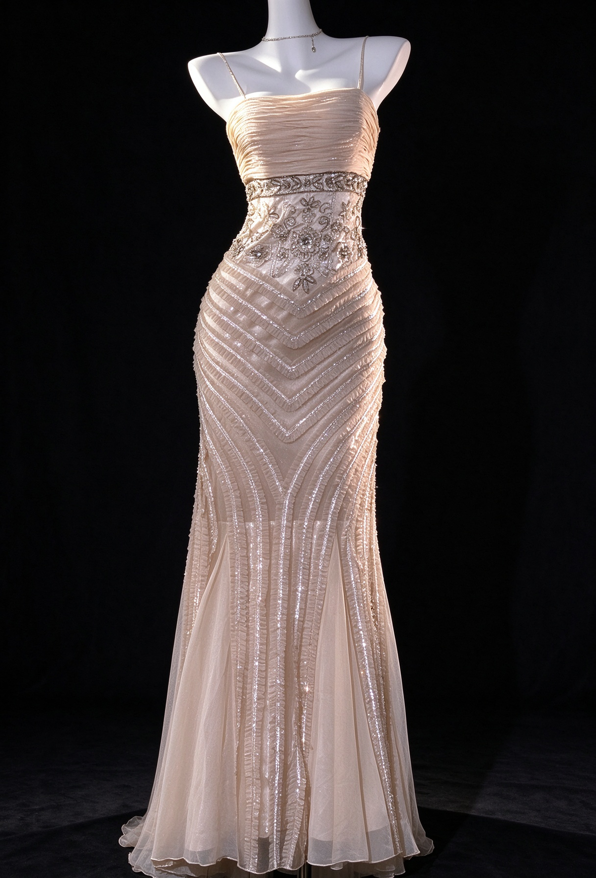 Champagne Spaghetti Strap Beaded Mermaid Evening Dress fg9132