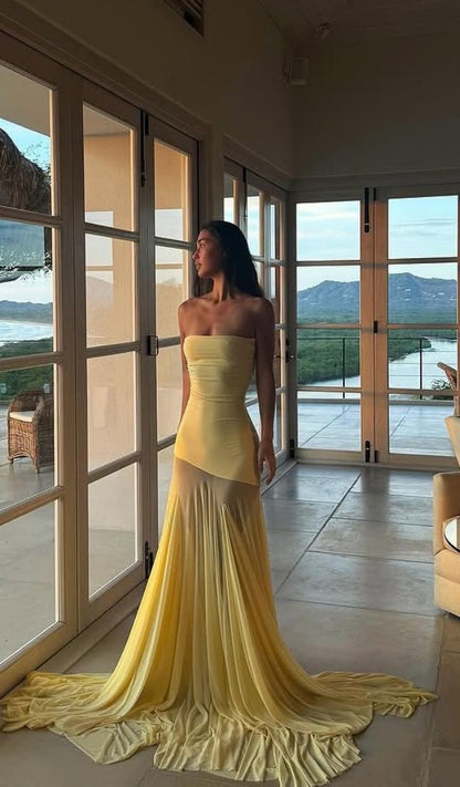 Trägerloses langes Meerjungfrau-Abschlussballkleid 2025 Gelbes Partykleid Abendkleid fg7867