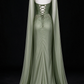 Sage Green Sweetheart Cape Sleeve Beaded Slit Mermaid Evening Gown fg9070