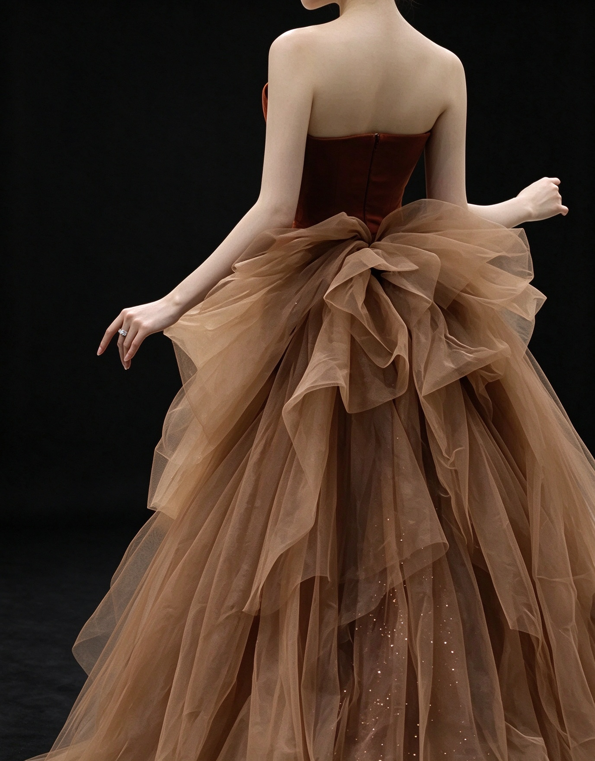 Rust Strapless Mermaid Evening Gown With Tulle Bow Train fg9118