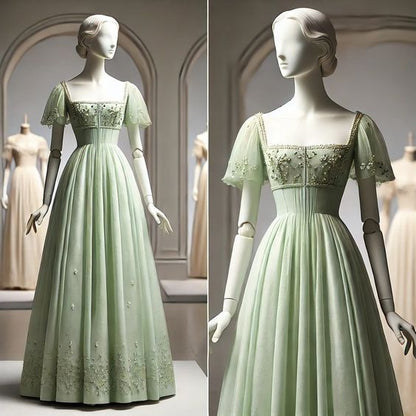 Grüner Tüll mit kurzen Ärmeln, Abendkleid, grünes süßes Kleid fg6442