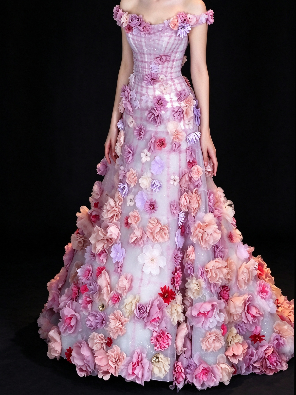 Pink Off-the-Shoulder 3D Floral Tulle Ball Gown fg9049