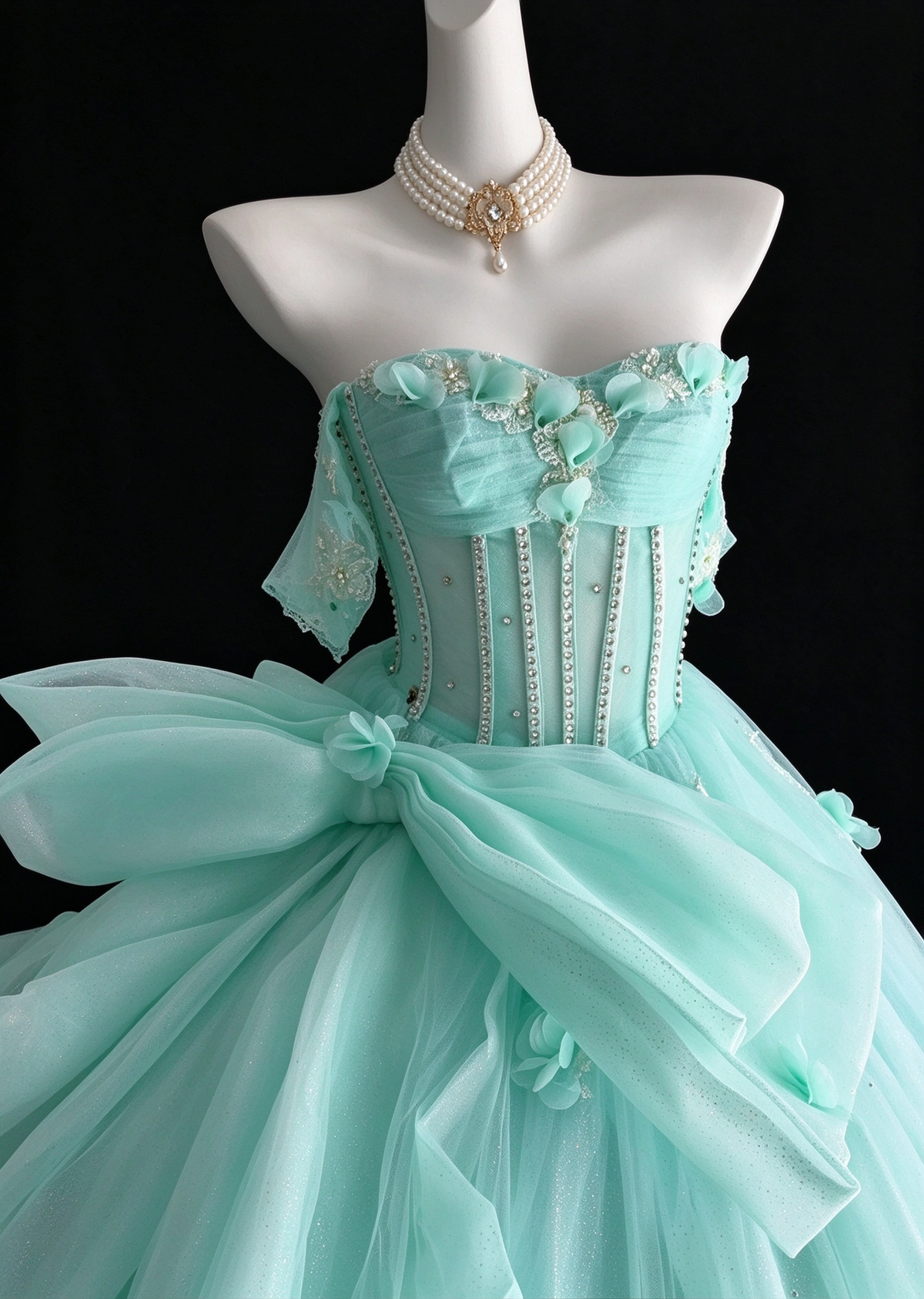 Mint Green Off-the-Shoulder Bow Lace Applique Tulle Ball Gown fg9058