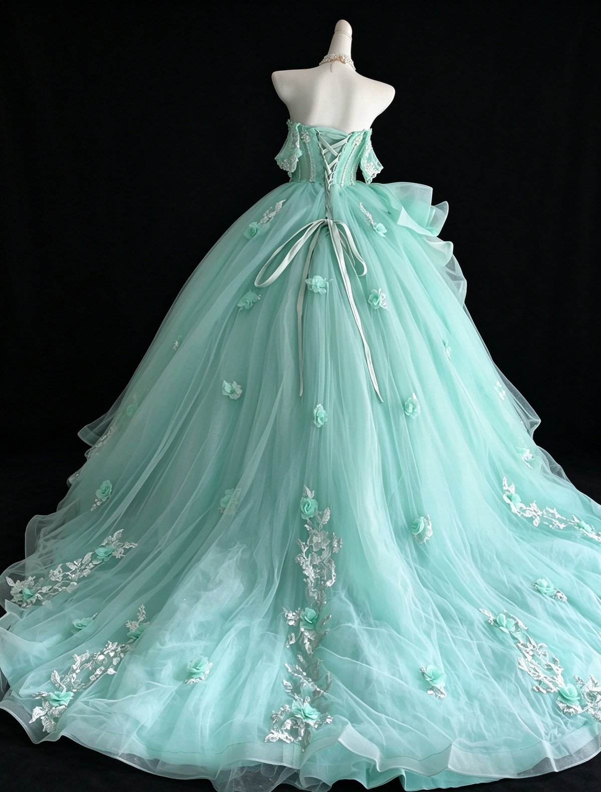 Mint Green Off-the-Shoulder Bow Lace Applique Tulle Ball Gown fg9058