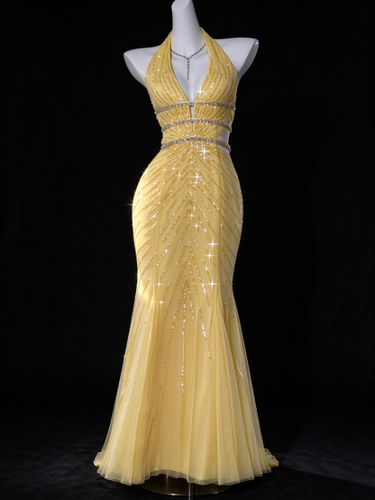 ellow Halter V Neck Beaded Mermaid Evening Dress fg9133