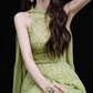 Green Halter Neck Cape Sleeve Beaded Tulle Formal Evening Gown fg9059