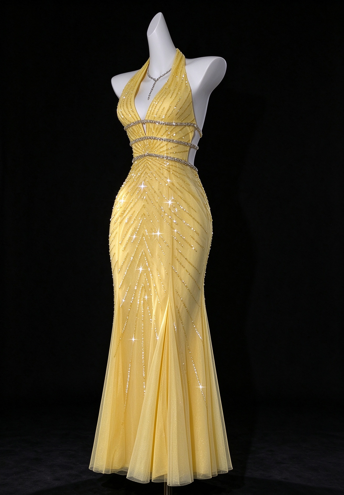 ellow Halter V Neck Beaded Mermaid Evening Dress fg9133