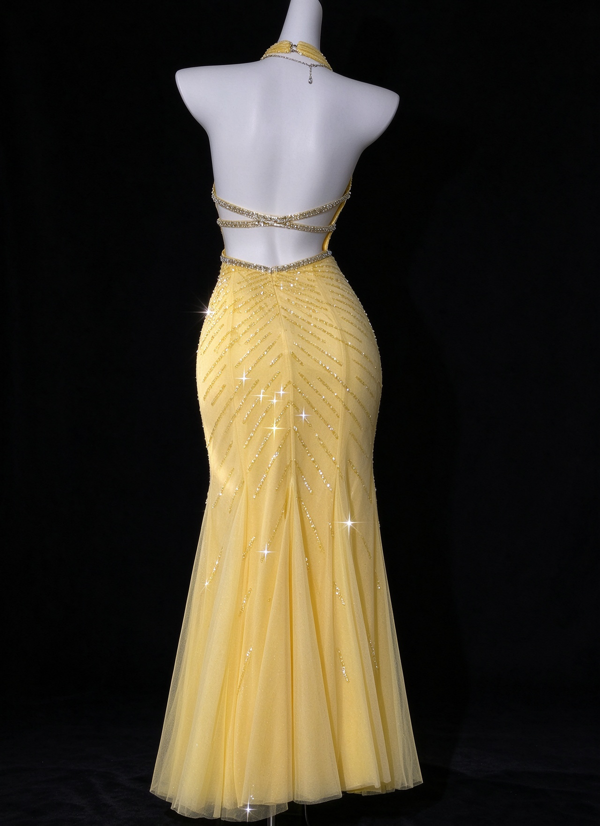 ellow Halter V Neck Beaded Mermaid Evening Dress fg9133