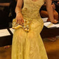 Gold Lace Spaghetti Straps Sexy Long Formal Dress Evening Party Dresses  fg7761
