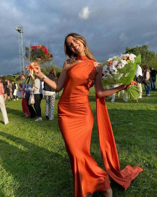 Robe de soirée longue en satin, élégante et sexy, col licou, pour femme, fg6298