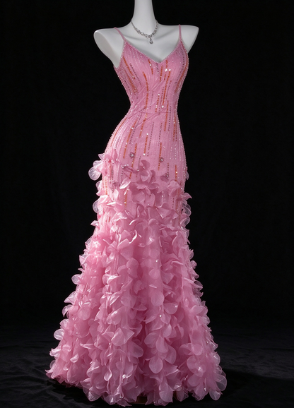 Pink Spaghetti Strap V Neck 3D Petal Beaded Mermaid Evening Dress fg9134