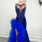 Royal Blue Mermaid Prom Dress Ruffled Evening Dresses with Slit    fg7640