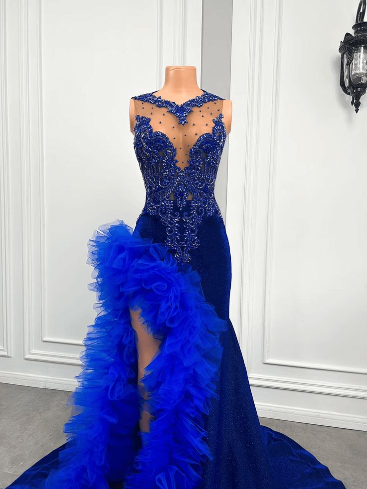 Royal Blue Mermaid Prom Dress Ruffled Evening Dresses with Slit fg7640 – formalgowns Royal Blue Mermaid Prom Dress Ruffled Evening Dresses with Slit fg7640 – formalgowns