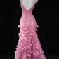 Pink Spaghetti Strap V Neck 3D Petal Beaded Mermaid Evening Dress fg9134