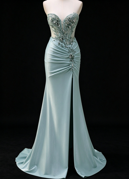 Sage Green Sweetheart Beaded Corset Satin Mermaid Formal Evening Gown fg9063