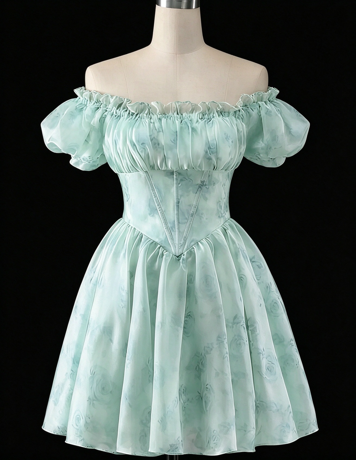 Mint Green Off Shoulder Puff Sleeve Floral Organza Mini Dress fg9065