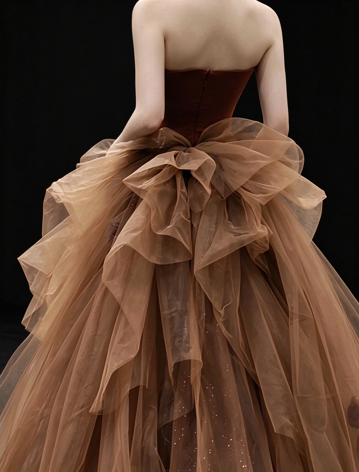 Rust Strapless Mermaid Evening Gown With Tulle Bow Train fg9118